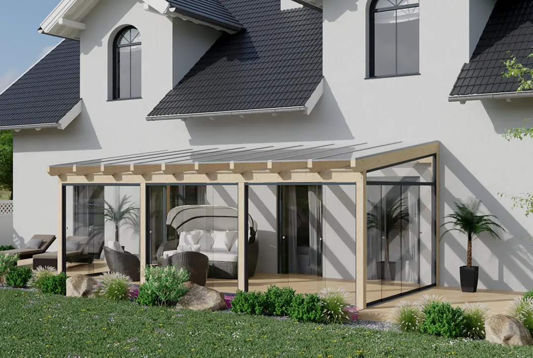 Kaltwintergarten Holz 700x250cm VSG anthrazit