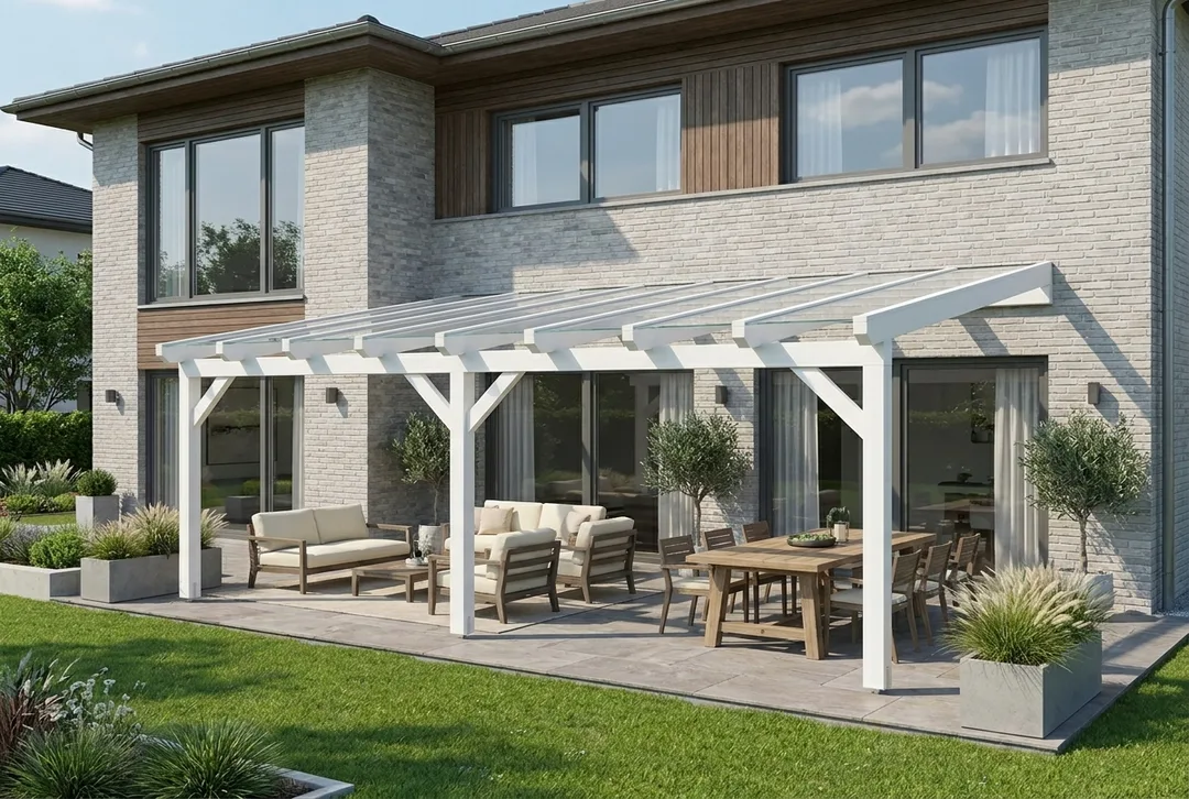 Terrassenüberdachung Holz 600x450cm VSG weiß