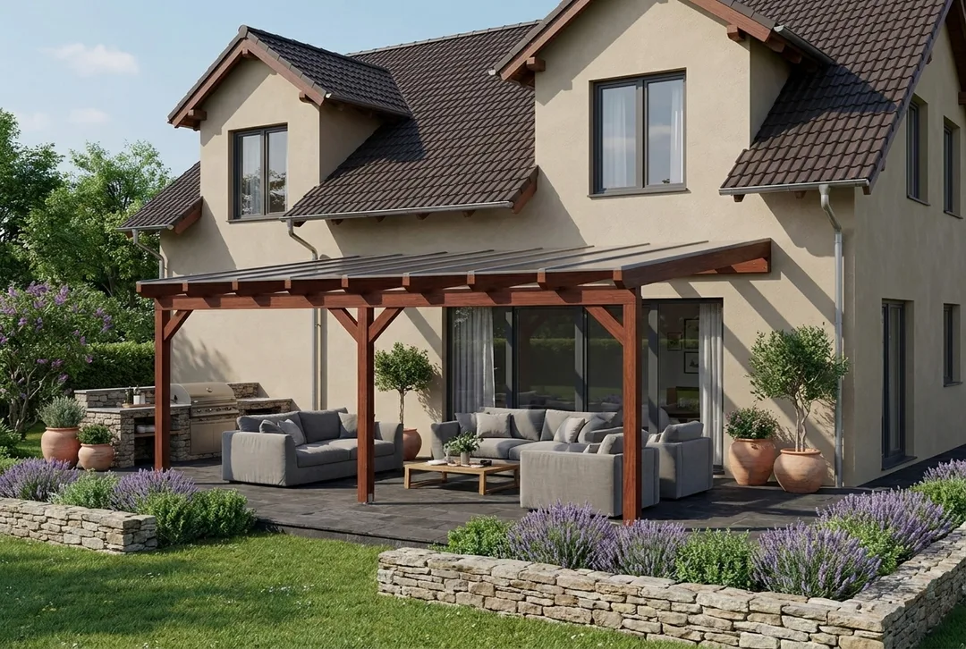 Terrassenüberdachung Holz 700x250cm Doppelsteg teak