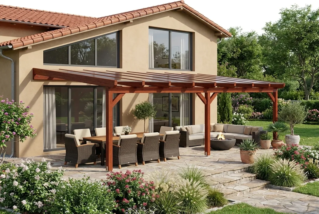 Terrassenüberdachung Holz 500x450cm VSG teak